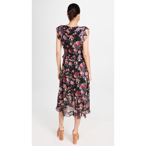 PAIGE NWOT Paradise Floral Silk Chiffon Flutter Sleeve Smocked Tiered Midi Dress - Picture 7 of 12